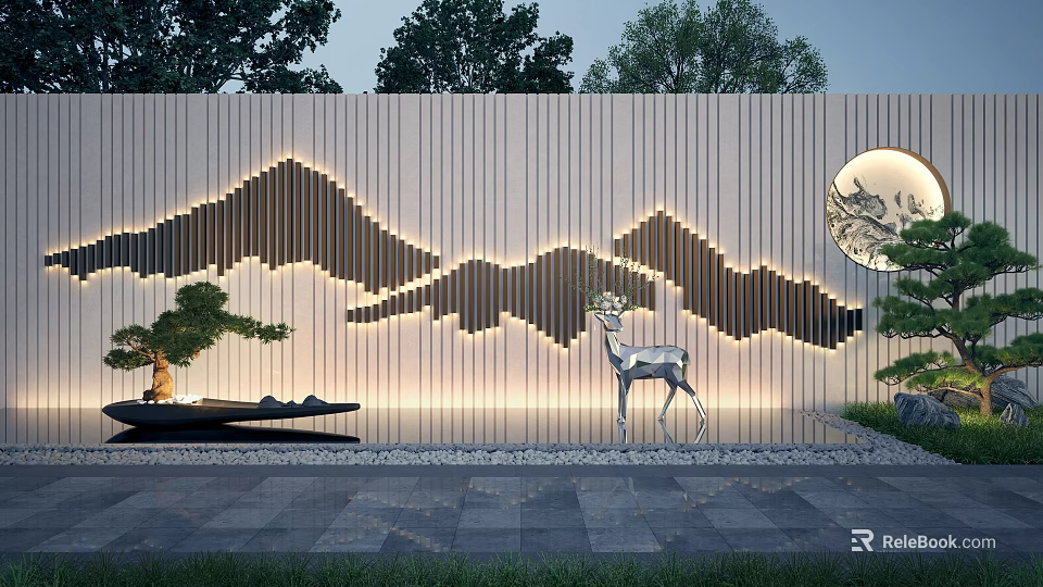 Scenic Wall Featuring Mountain Pattern Lighting Deer Sculpture Pine Tree And Circular Decoration 3d model