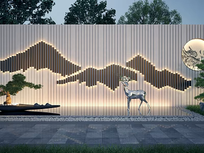 Scenic Wall Featuring Mountain Pattern Lighting Deer Sculpture Pine Tree And Circular Decoration 3d model