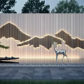 Scenic Wall Featuring Mountain Pattern Lighting Deer Sculpture Pine Tree And Circular Decoration 3d model