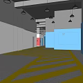 Modern Reception Area Design With Blue Front Desk Yellow Floor Stripes And White Walls