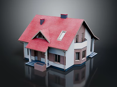 Two Story Residential House With Red Roof Chimney White Brown Exterior Windows And Porch Steps 3d model