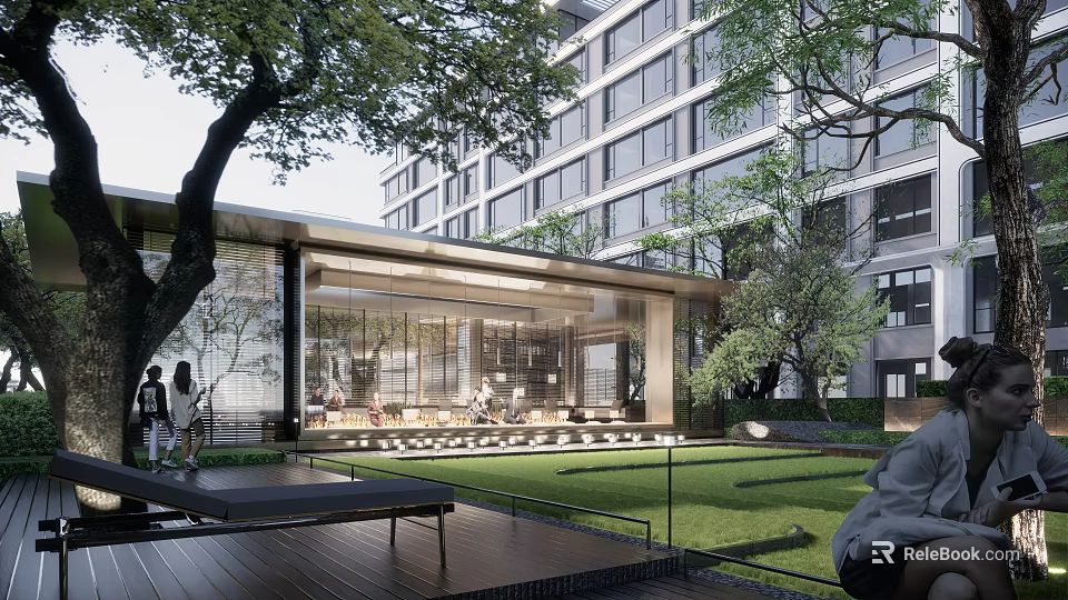 Modern Residential Landscape Design With Green Trees Lawn And Outdoor Courtyard Area 3d model 