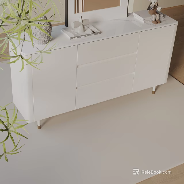 Modern Minimalist White Entryway Cabinet Sideboard With Drawers Metal Legs And Green Plant Decor 3d model 