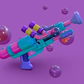 Colorful Bubble Gun Toy With Pink Blue Design And Transparent Bubbles On Purple Background