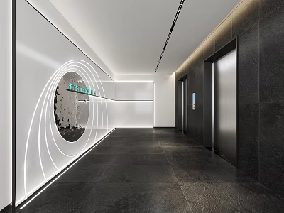 Modern Elevator Corridor Interior With Lighted Wall Art And Dark Floor 3d model