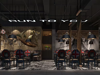 RUN TO YOU Restaurant Interior With Union Jack Chairs Vintage Mural And Pendant Lights 3d model