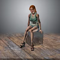 Red Haired Woman With Tattoos Sitting On Metal Box On Wooden Floor