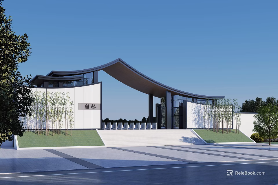 Modern Entrance Gate Design With Curved Roof Glass Elements White Walls And Greenery 3d model 