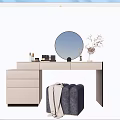 Modern Dressing Table Design With Round Mirror Cosmetics Flower Vase And Stool 3d model