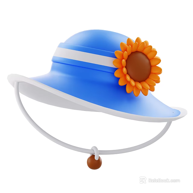 Blue Sun Hat With White Band Orange Sunflower Decoration And White String Brown Ball 3d model 