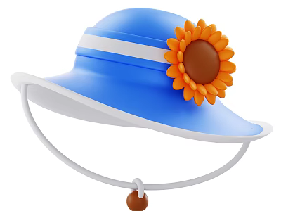 Blue Sun Hat With White Band Orange Sunflower Decoration And White String Brown Ball 3d model