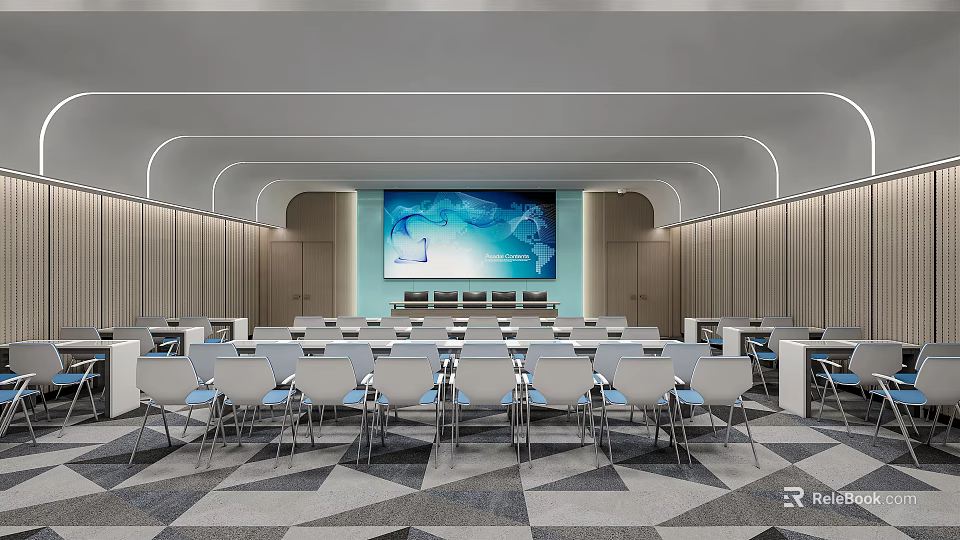 Modern Conference Room With Arranged Tables Chairs Large Screen And Wooden Walls 3d model 