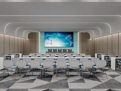 Modern Conference Room With Arranged Tables Chairs Large Screen And Wooden Walls 3d model