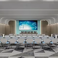 Modern Conference Room With Arranged Tables Chairs Large Screen And Wooden Walls