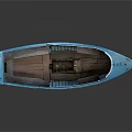 Blue And White Wooden Boat With Red Hull And Interior Wooden Seats