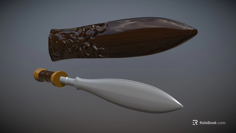 Ornamented Brown Carved Handle And Shiny Silver Blade With Gold Top 3d model 
