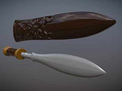 Ornamented Brown Carved Handle And Shiny Silver Blade With Gold Top 3d model