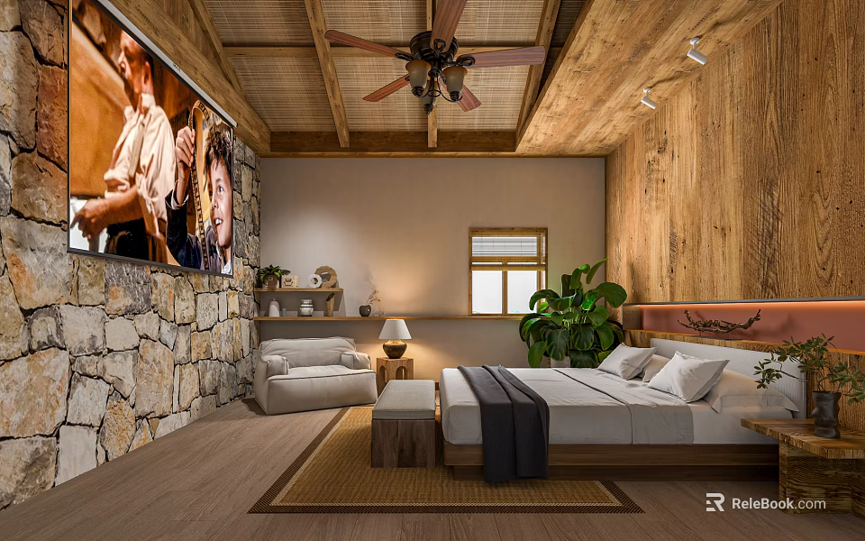 Rustic Hotel Room Interior With Wooden Ceiling Stone Wall Ceiling Fan And Green Plant 3d model 