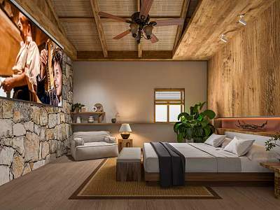 Rustic Hotel Room Interior With Wooden Ceiling Stone Wall Ceiling Fan And Green Plant 3d model