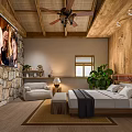 Rustic Hotel Room Interior With Wooden Ceiling Stone Wall Ceiling Fan And Green Plant
