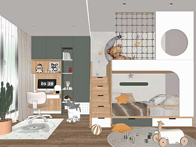 Kids Room Interior Design With Bunk Bed Climbing Net Toy Car Rug And Bookshelf 3d model