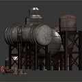 Industrial Storage Tanks And Metal Barrels With Steel Frames And Pipes