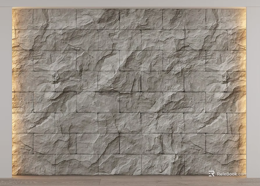 Natural Textured Stone Wall Interior With Wooden Accents And Warm Lighting 3d model 