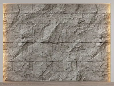Natural Textured Stone Wall Interior With Wooden Accents And Warm Lighting 3d model