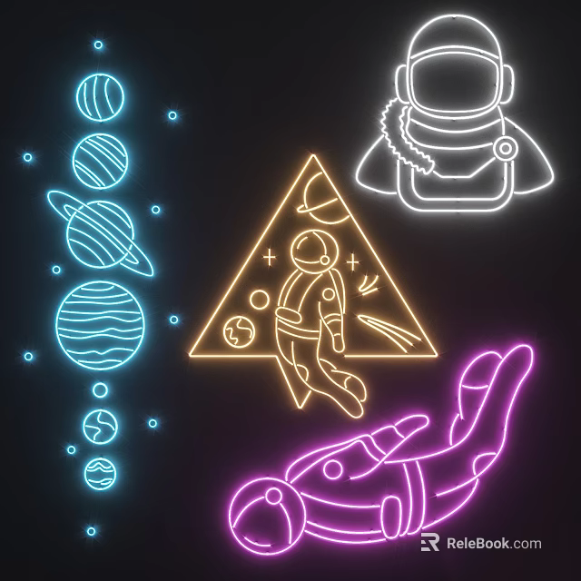 Colorful Neon Decorative Lights Featuring Astronaut Planets Triangle and Diver Motifs 3d model 
