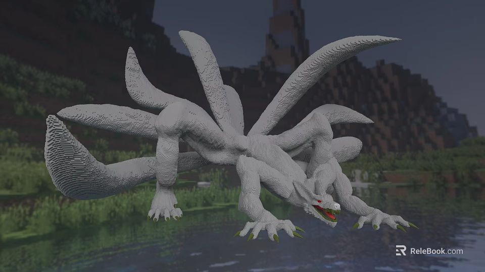 Game Movie Character White Dragon With Multiple Wings Sharp Claws In Pixelated Water Environment 3d model 