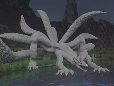 Game Movie Character White Dragon With Multiple Wings Sharp Claws In Pixelated Water Environment 3d model