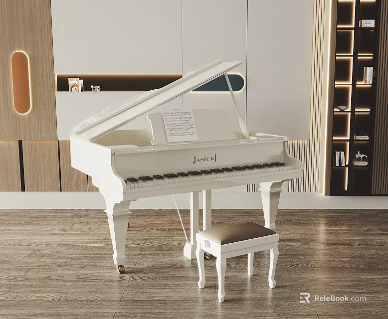 Elegant White Grand Piano With Sheet Music And Stool In Modern Interior Wooden Wall Bookshelves 3d model 