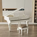Elegant White Grand Piano With Sheet Music And Stool In Modern Interior Wooden Wall Bookshelves