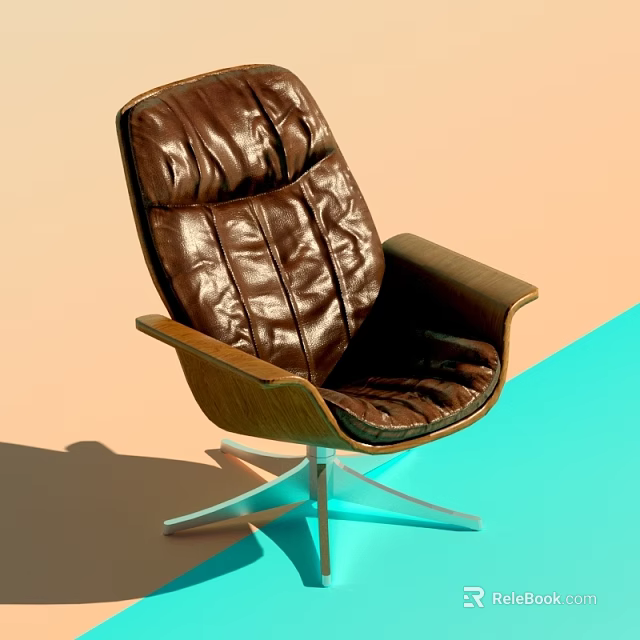 Brown Leather Office Chair With Pleated Design Wooden Armrests And Metal Geometric Base 3d model 