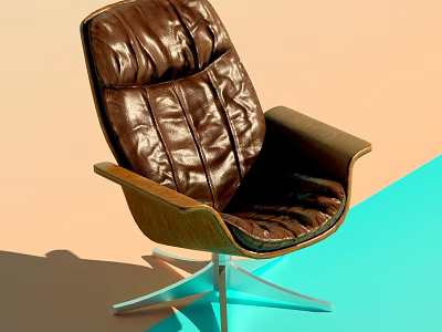 Brown Leather Office Chair With Pleated Design Wooden Armrests And Metal Geometric Base 3d model