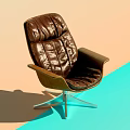 Brown Leather Office Chair With Pleated Design Wooden Armrests And Metal Geometric Base