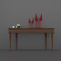 Elegant Wooden Entryway Console Table With Red Decorative Sculptures And White Ornaments