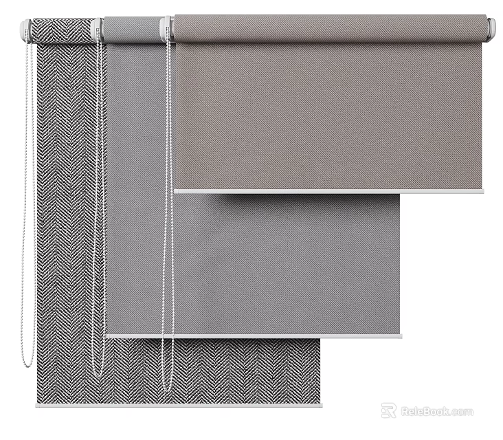 Roller Blinds In Grey Fabric With Three Layers And Pull Cords For Home Windows 3d model 