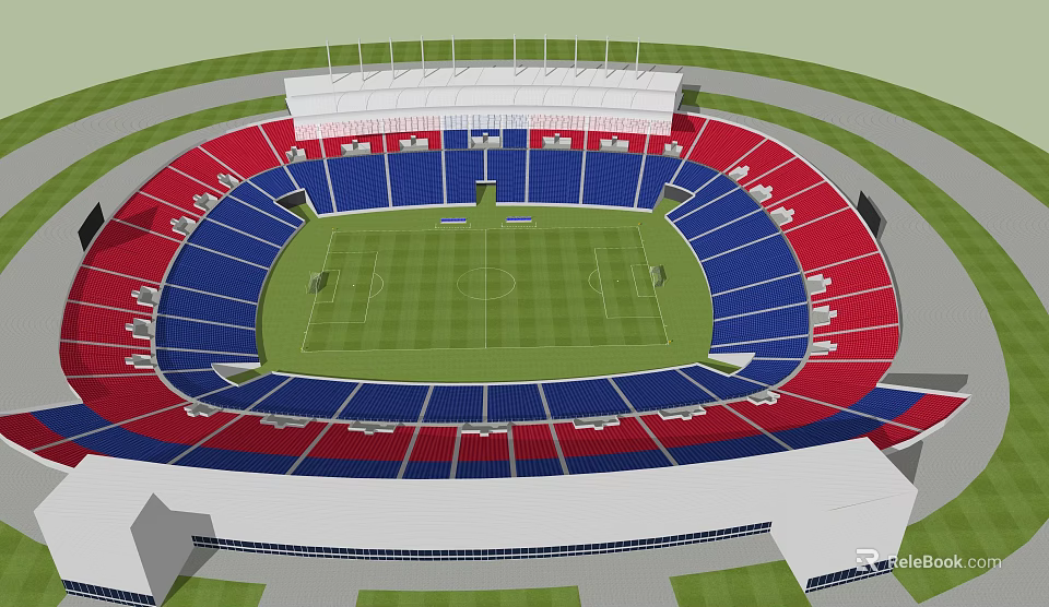 Modern Stadium Design With Red And Blue Seats Green Pitch And Roof Structure 3d model 