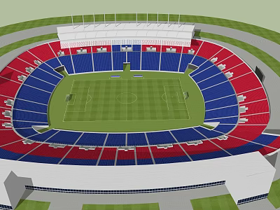 Modern Stadium Design With Red And Blue Seats Green Pitch And Roof Structure 3d model