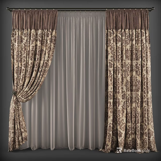 Patterned Brown Beige Curtains With Sheer Liner For Elegant Window Decor 3d model 