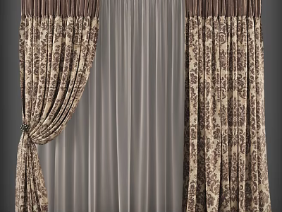 Patterned Brown Beige Curtains With Sheer Liner For Elegant Window Decor 3d model