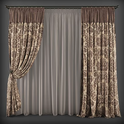 Patterned Brown Beige Curtains With Sheer Liner For Elegant Window Decor 3d model