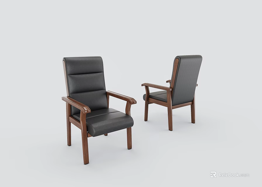 Two Black Leather Office Chairs With Wooden Armrests And Legs In Different Angles 3d model 