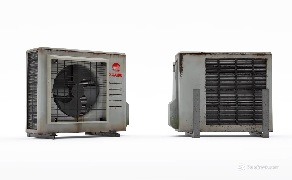Pair of Old Air Conditioner Fan Outdoor Units With Red Logo and Grille Design 3d model 