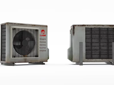 Pair of Old Air Conditioner Fan Outdoor Units With Red Logo and Grille Design 3d model