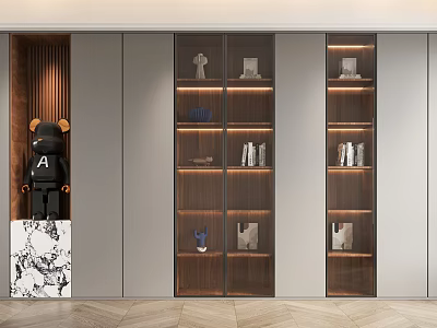 Modern Wooden Bookcase With Multiple Shelves Decorative Items Books And Black Figurine On Marble Base 3d model