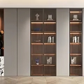 Modern Wooden Bookcase With Multiple Shelves Decorative Items Books And Black Figurine On Marble Base