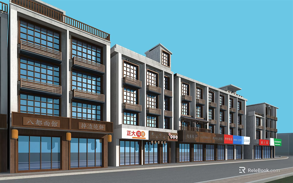 Modern Commercial Street With Multi Storey Buildings And Retail Shop Fronts 3d model 