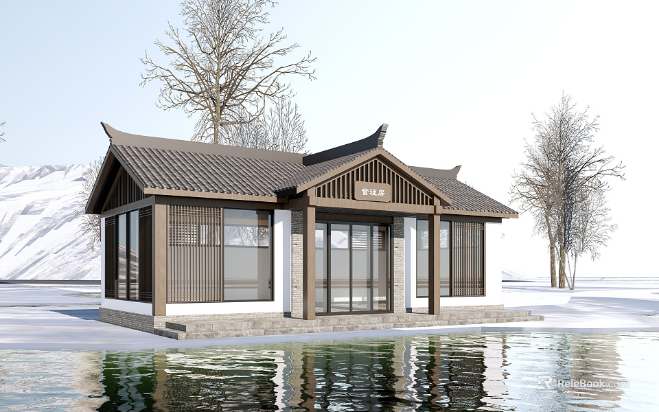 Scenic Chinese Style Visitor Center By Snowy Water With Traditional Roof And Trees 3d model 